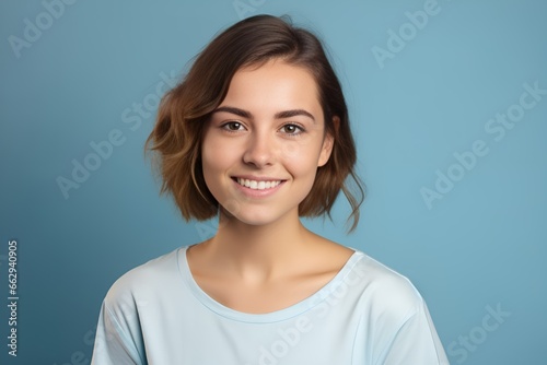 Close-Up Portrait of a Beautiful Fictional Teenager Girl Wearing Casual Blank T-Shirt and Smiling. isolated on a Plain Blue Background. Generative AI.