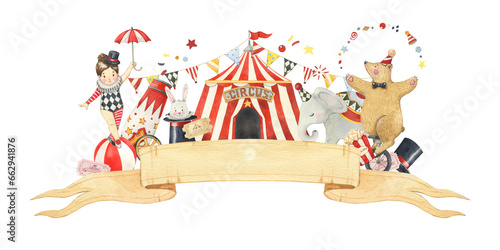 Watercolor vintage circus banner. Tent, bear. elephant, girl, canon, circus tickets. Kids design, art, decor. Hand painted illustration for nursery, invitation, posters