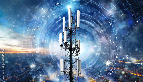 Telecommunication tower with 5G transmitters. Cellular base station with transmitting antennas on telecommunication tower against abstract technological background.