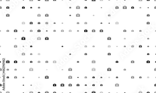 Seamless background pattern of evenly spaced black first aid symbols of different sizes and opacity. Illustration on transparent background
