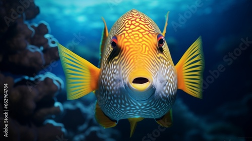 An Orange-lined Triggerfish swimming gracefully, the high-definition camera capturing the fluid motion and radiant colors of this marine species.