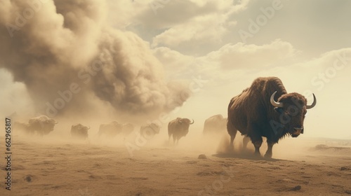 A Herd of buffalos stampedes across a barren landscape, a cloud of dust trailing behind them. - generative ai