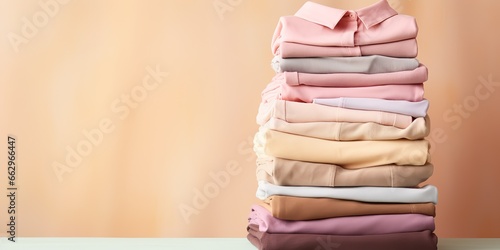 AI Generated. AI Generative. Fresh new washed laundy stack set of many cloth items on table. Cleaning washing center promotion or store template