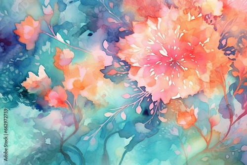 Abstract floral background in teal, pink, and orange watercolors. Vibrant and appealing. Generative AI