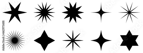 Set of minimalist stars icons. Modern geometric elements, shining star symbols. Vector illustration isolated on white background
