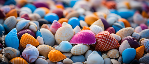 close up of colorful sea shells on the beach - Generated Ai