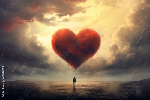 A person looking at a large heart in dark clouds. Generative AI