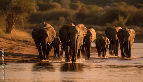 African elephant herd walking towards waterhole at sunset safari generated by AI