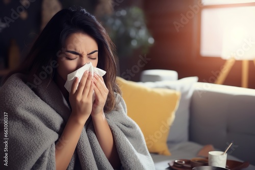 Sick Asian woman using a tissue to sneeze and blowing her nose in winter at home. 