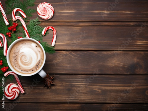Peppermint coffee mocha decorated with candy canes background, peppermint background with empty space for text
