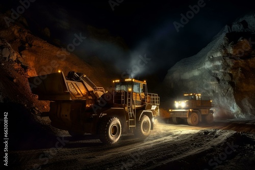 Nighttime work at limestone quarry with dump truck and excavator in mining industry. Generative AI