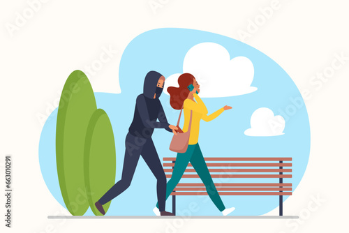 Street wallet theft vector illustration. Cartoon hurrying young woman walking and talking on mobile phone, thief in disguise sneaking to steal purse with money or credit card from bag of victim