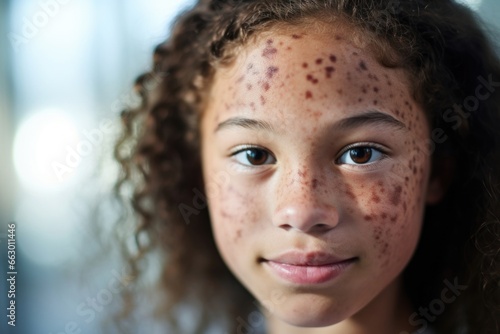 A young scientist with a birthmark on her face, using her research to educate others about the psychological effects of living with a visible difference. She hopes to break societal stigma