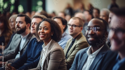 Diverse audience enjoying a business conference; attention foused on off-screen speaker
