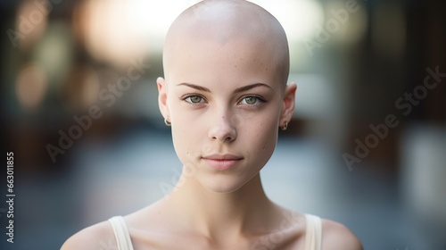 A young woman with a shaved head and tered bald spots caused by alopecia. She is a college student and feels frustrated and selfconscious in the dating scene. However, she has found someone
