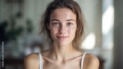 A young woman with psoriasis on her face and neck, working as a social media influencer. She has grown her following by sharing her journey with her skin condition and has become a source