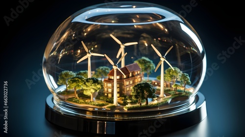 A miniature sustainable village inside a glass dome with model houses and wind turbines, showcasing the concept of sustainability and renewable energy, Created with Generative AI Technology