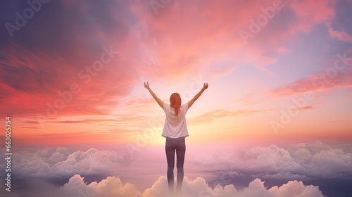 Happy cheering celebrating success woman at beautiful beach sunset. Fitness girl enjoying view with arms raised up towards the sky. 