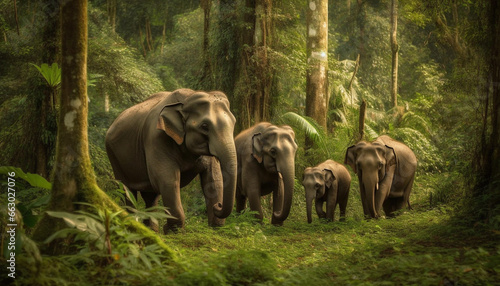 Large herd of African elephants walking through lush green forest generated by AI