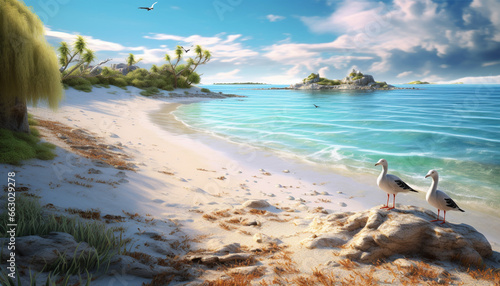 Tranquil sunset over idyllic tropical coastline, with seagulls flying generated by AI