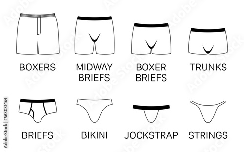 Mens different type white underwear pants, contour vector icons isolated on white background.