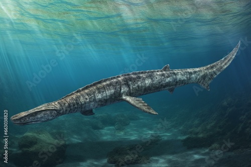 Ancient marine reptile Mosasaurus lived in the ocean long ago. Generative AI