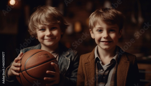 Smiling boys playing basketball, childhood happiness in cheerful portrait generated by AI