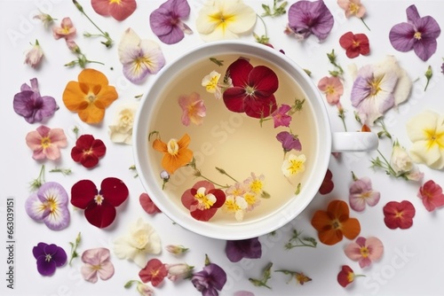 Top view of a tea cup with flowers. Generative AI