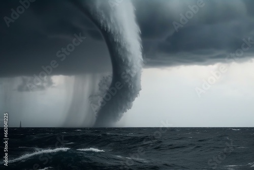 Intense waterspout ascending above ocean amidst natural forces. Generative AI