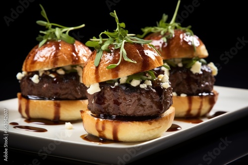 Burger: Mini Angus Beef Sliders with Creamy Goat Cheese, Fresh Arugula, and Balsamic Glaze, All Nestled on Toasted Brioche Buns, Set in Pristine Isolation on a black Background