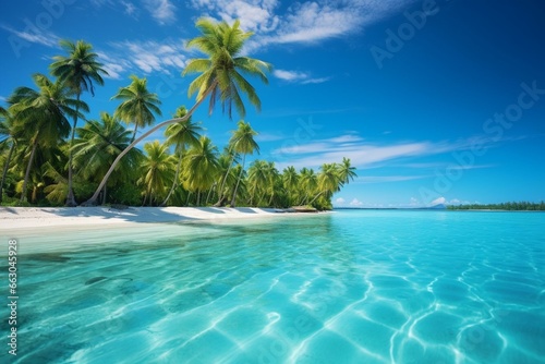 Paradise: palm trees, turquoise waters in Maldives. Generative AI