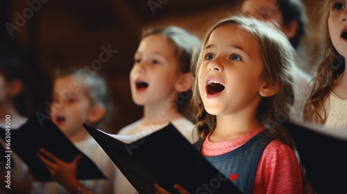 A group of children, various ages, singing vibrantly in their music class, sheet music in hand