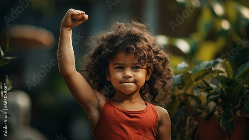 portrait of a confident child flexing her muscles