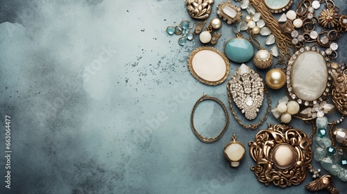 space for text on textured background surrounded by Vintage and Antique Jewelry, background image, generative AI