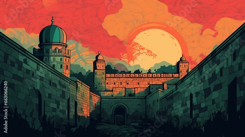 Al-Aqsa embraced by the ancient city walls, the Palestinian flag flying proudly, the bustling markets of the Old City surrounding it, a mix of history and contemporary life, Illustration, digital art