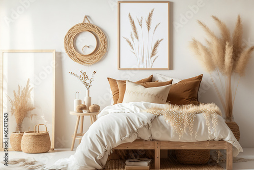 Boho bedroom with white wall, wooden bed, beige blanket, tassel cushion, and dried pampas grass. Floor-standing frame mockup. Generative AI