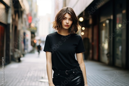 Fashionable young woman in a black dress walking on the street