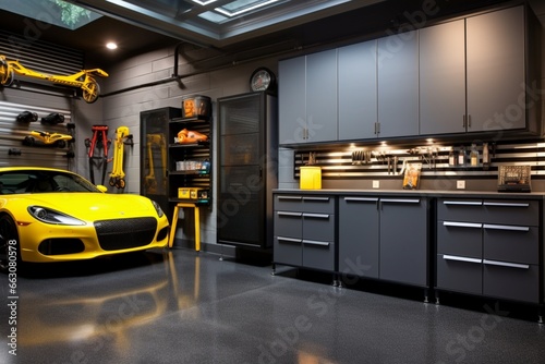 Design a modern and functional garage with storage solutions