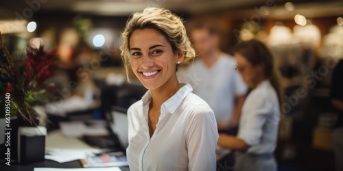 young and attractive saleswoman, cashier serving customers, generative AI