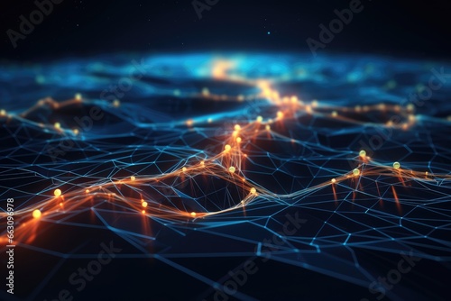 3d rendering of abstract technology digital background. Network connection structure, Cyber big data flow. Blockchain data fields. Network line connect stream, AI Generated