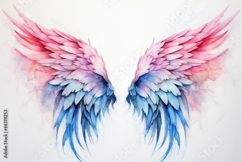 Beautiful magic watercolor blue pink wings.