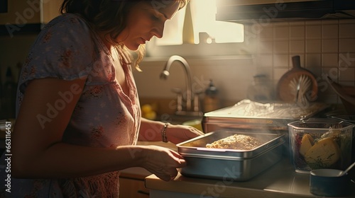 Close-up of a housewife making the same bento box on the kitchen counter.