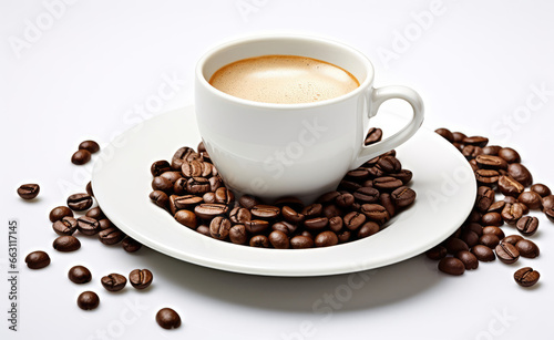 A cup of aromatic coffee surrounded by freshly roasted coffee beans