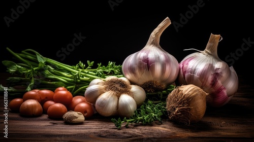 Garlic and onions, Eye - level photography, high resolution, bright kitchen background