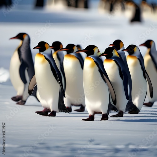 A colony of penguins waddling in a conga line on an icy dance floor, wearing festive hats1