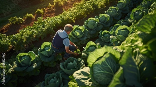 High angle, old farmer in a patch of fresh cabbage in his garden.