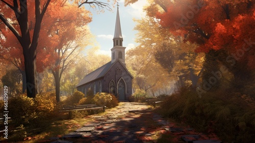 A small, picturesque chapel nestled amidst a grove of autumn trees, its steeple reaching toward the sky