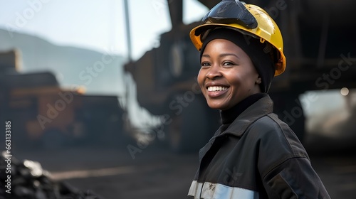 A smiling African-American woman is a miner in a hard hat, a worker in the coal mining industry.