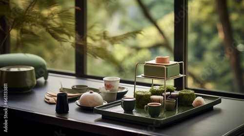 A tranquil Japanese teahouse setting, featuring a lacquered tray with perfectly arranged servings of matcha tea, delicate wagashi sweets, and a serene view of a Japanese garden