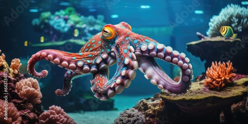 a beautiful giant octopus around beautiful colorful coral, AI Generative